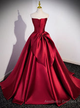 Burgundy Strapless Satin Bow Prom Dress